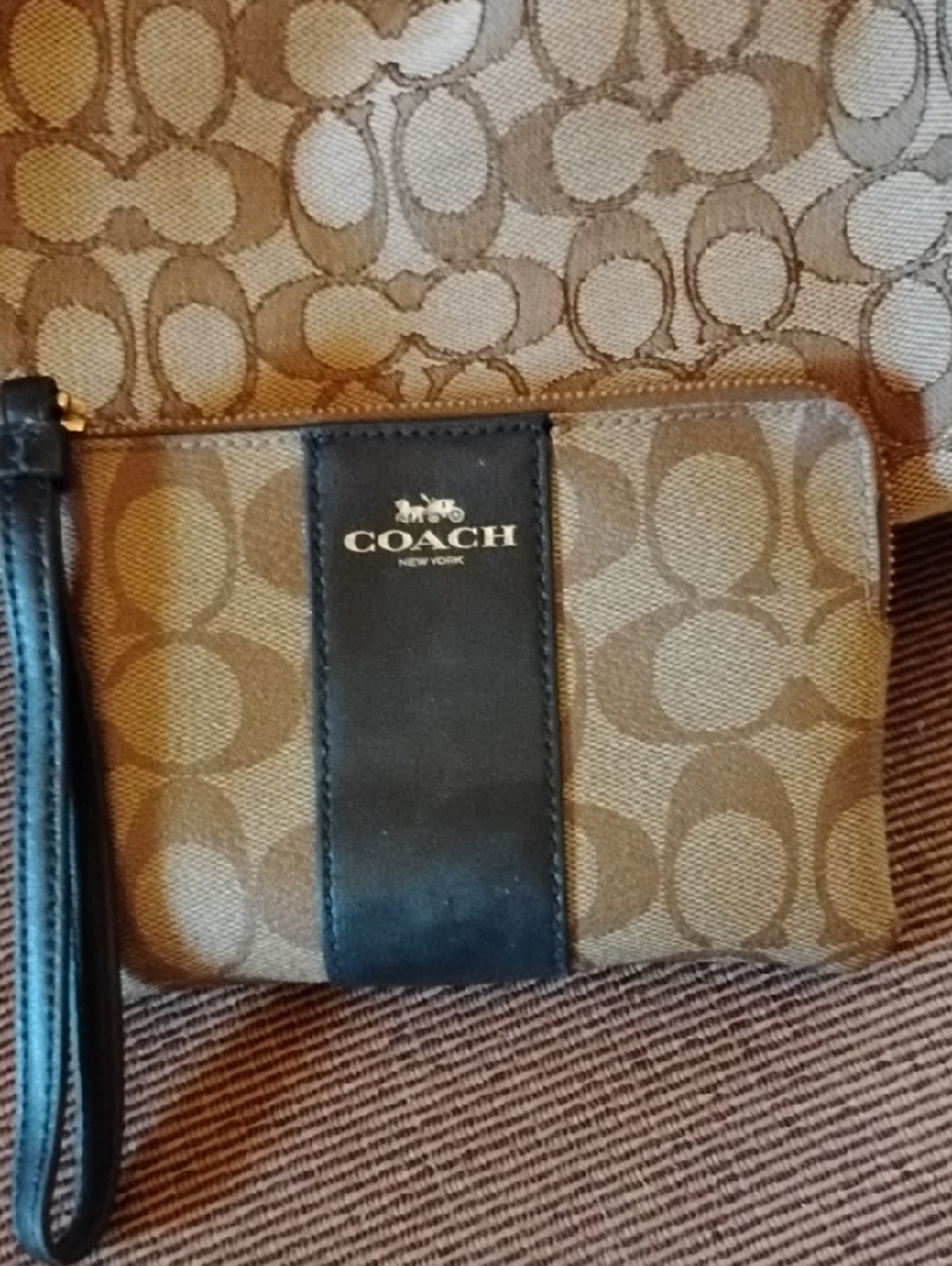 Coach Brown Signature Leather Wristlet with Brown Trim